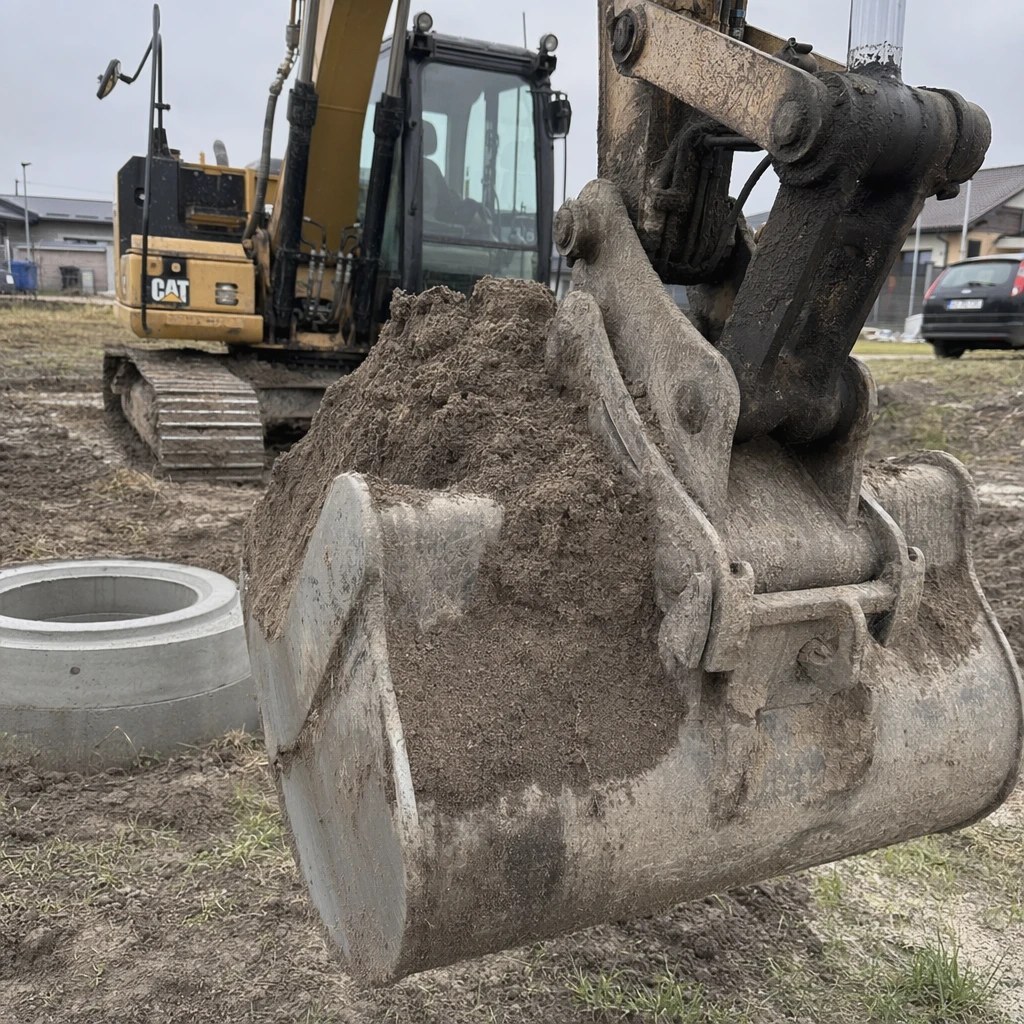 Łyżka koparki wybiera grunt pod szambo betonowe