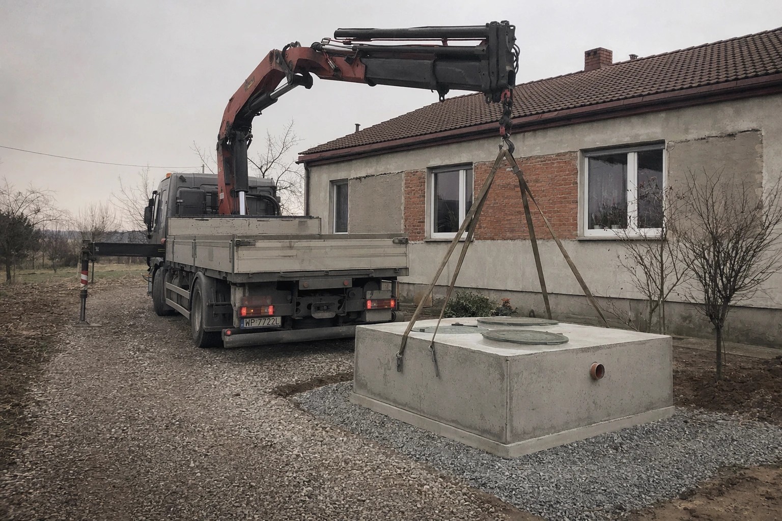 Samochód z HDS z betonowym zbiornikiem przy domu jednorodzinnym w Mazowieckiem