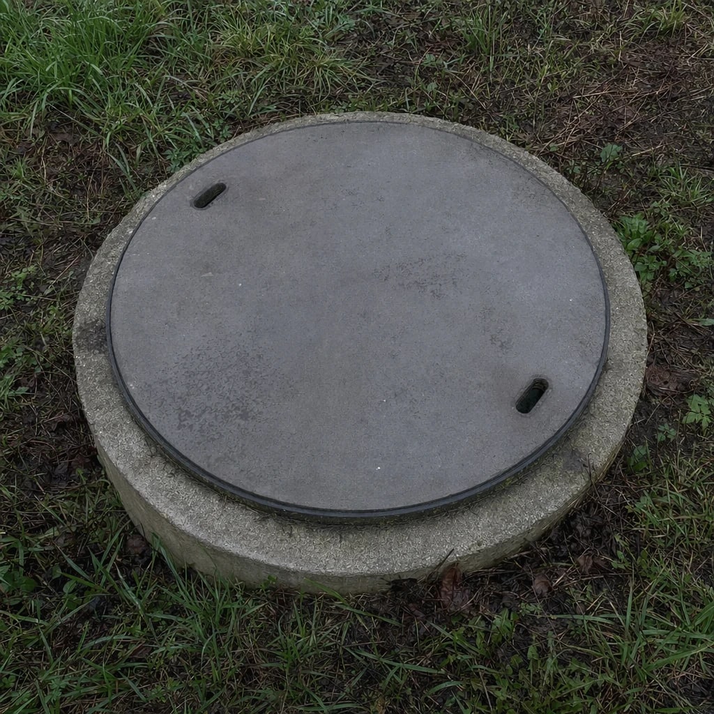 Właz szamba betonowego w trawie, miejsce wywozu przez cysternę