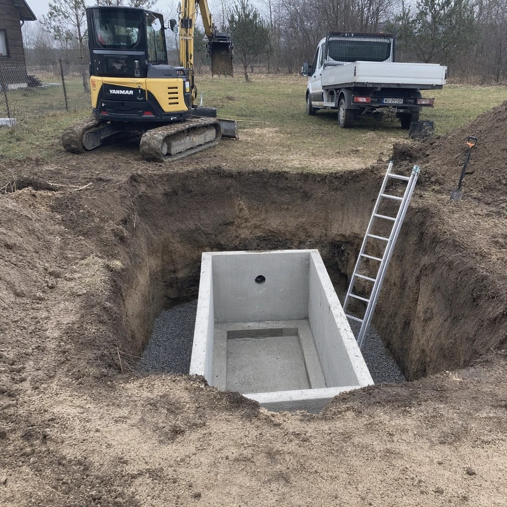 Transport HDS z betonowym szambem na działkę, okolice Pruszkowa