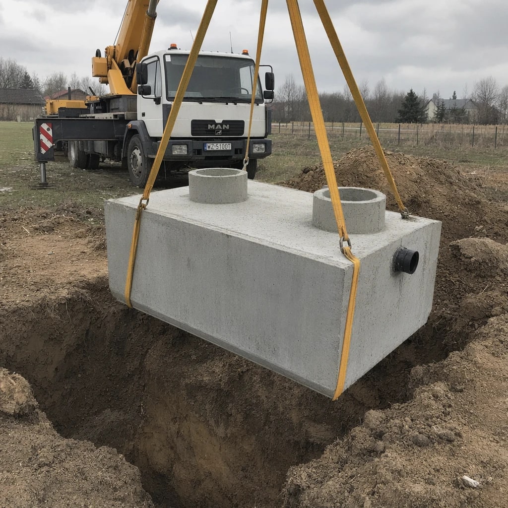 Betonowe szambo 12m3 na pasach dźwigu nad wykopem na działce w Mazowieckiem