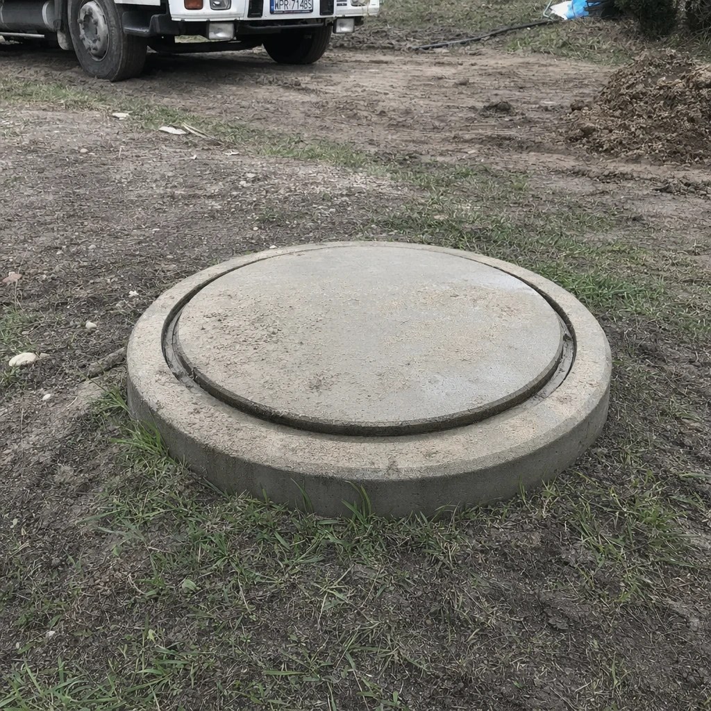 Właz szamba betonowego po zamontowaniu zbiornika